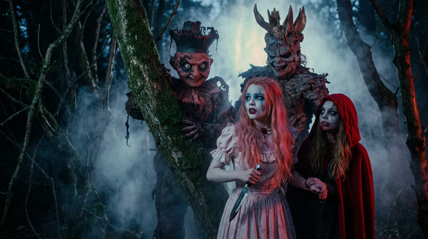 Alice and Pippa in the woods with strange puppet-like creatures