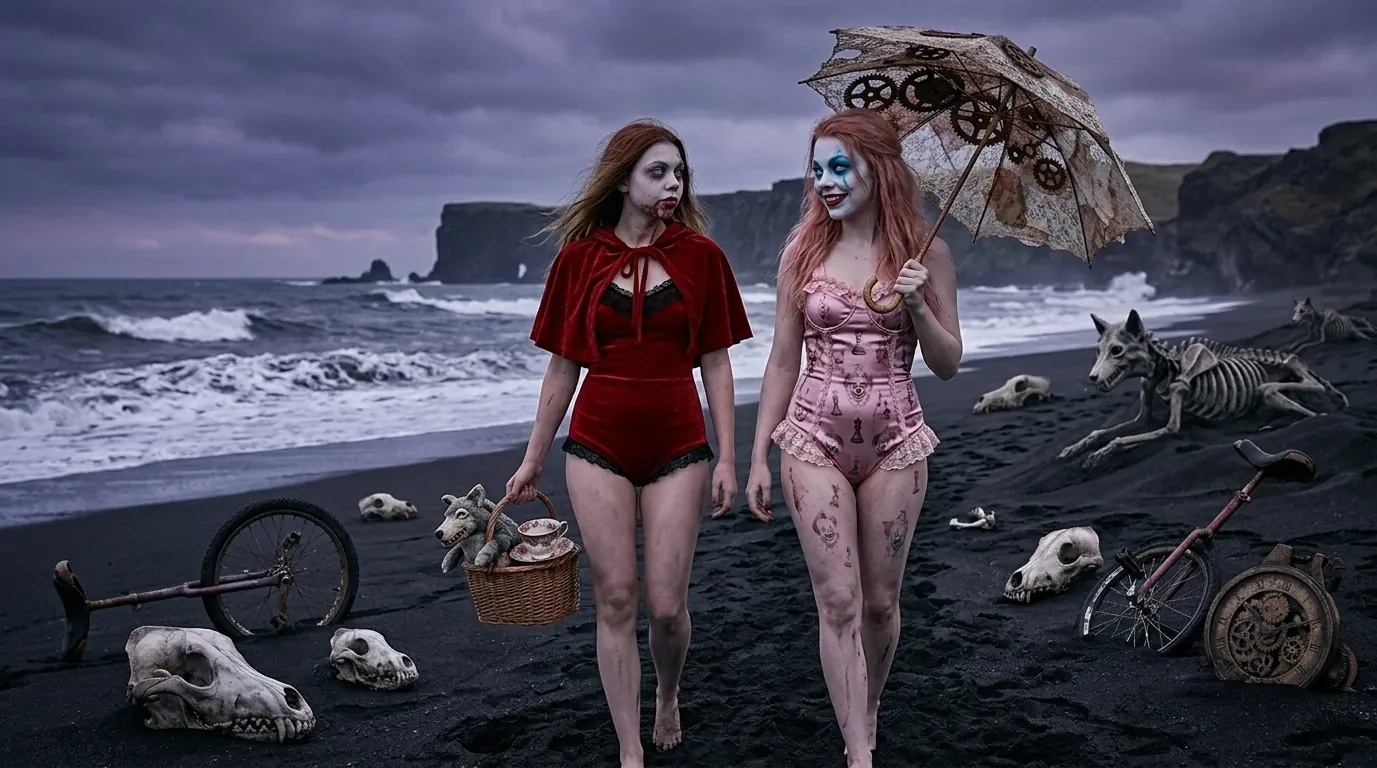 Alice and Pippa walking along a dark surreal beach