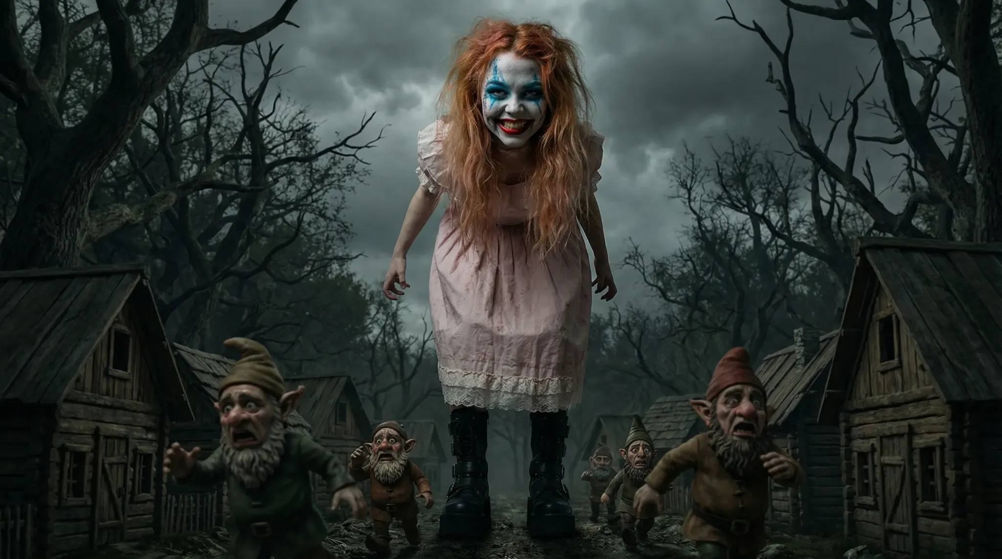Alice frightening tiny village men in a dark fairy tale village
