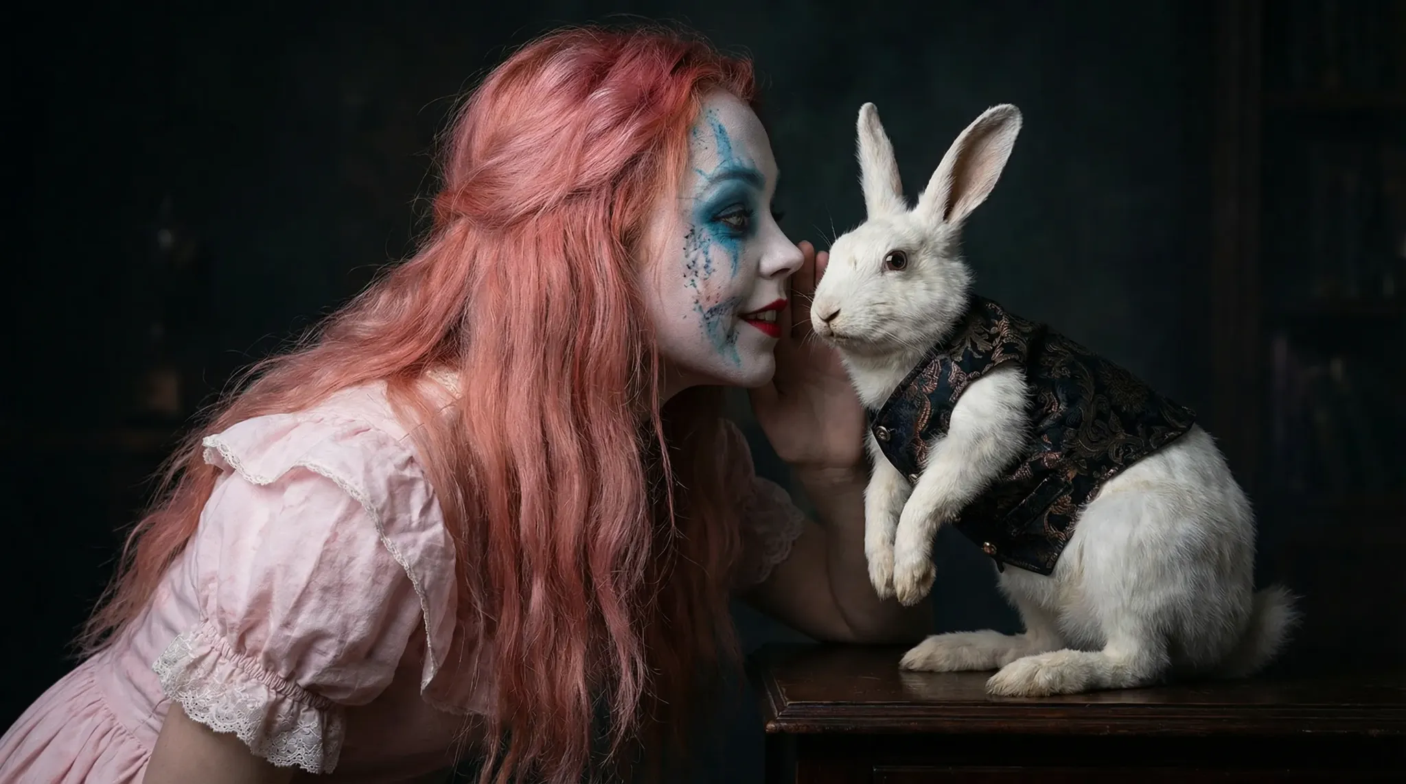 Alice holding her beloved white rabbit