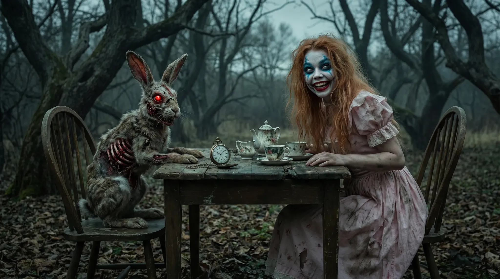 Alice at a dark tea party with a zombie rabbit