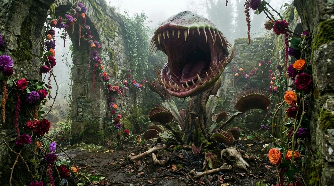 A giant carnivorous plant in the overgrown Forgotten Garden of FablePhobia