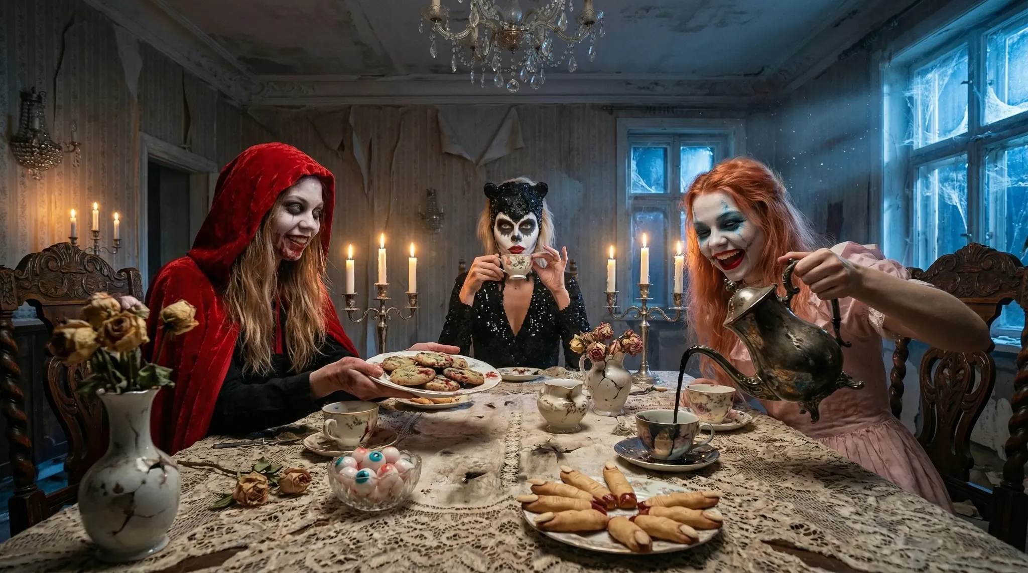 Alice, Pippa and Vespera at a gothic tea party