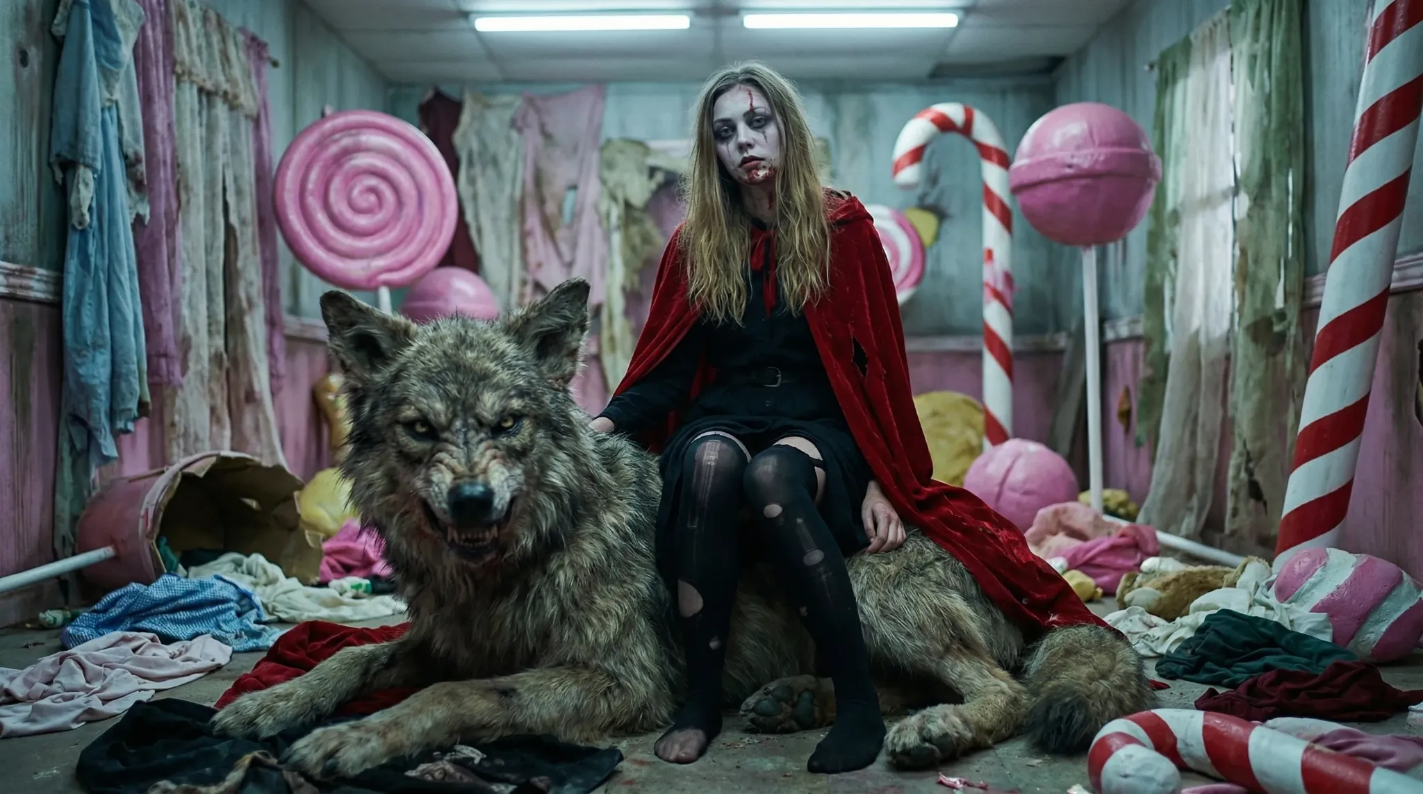 Pippa sitting with a wolf in a ruined candy-colored room