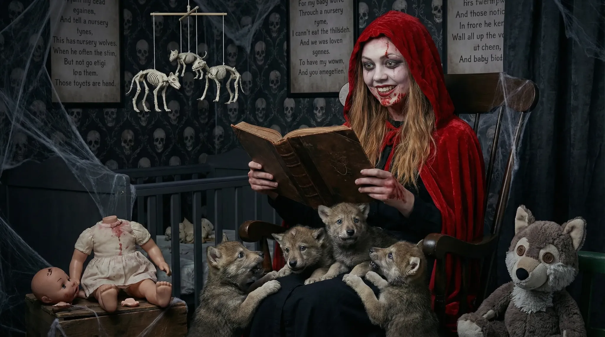 Pippa reading to wolf pups in a dark nursery